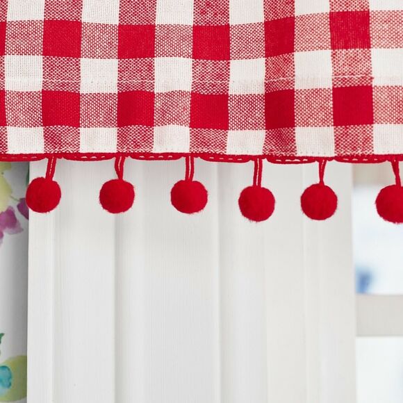 Pioneer Woman Kitchen Window Curtain Gingham White Red Pompom Edging 3-Pc Gift - Picture 5 of 5